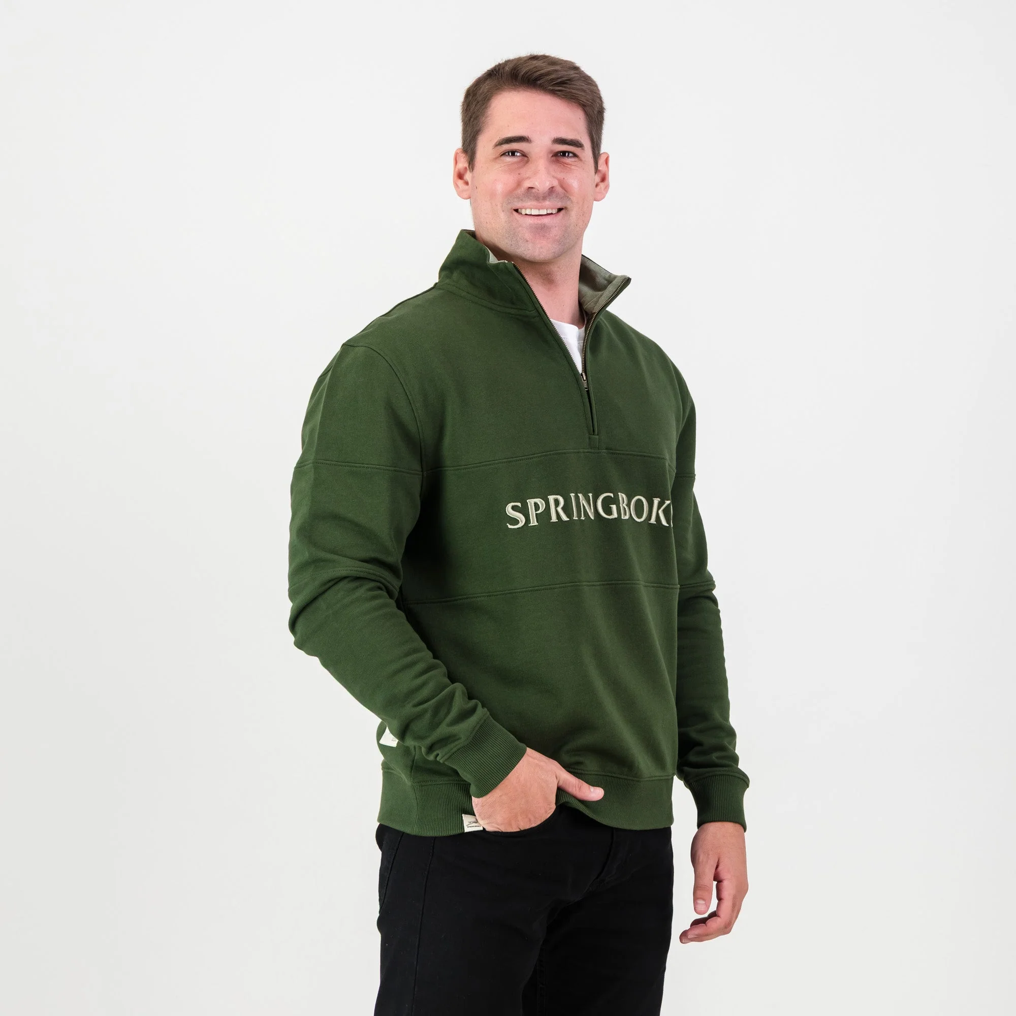 Springboks Word Quarter Zip Sweat-Military Olive - Image 3