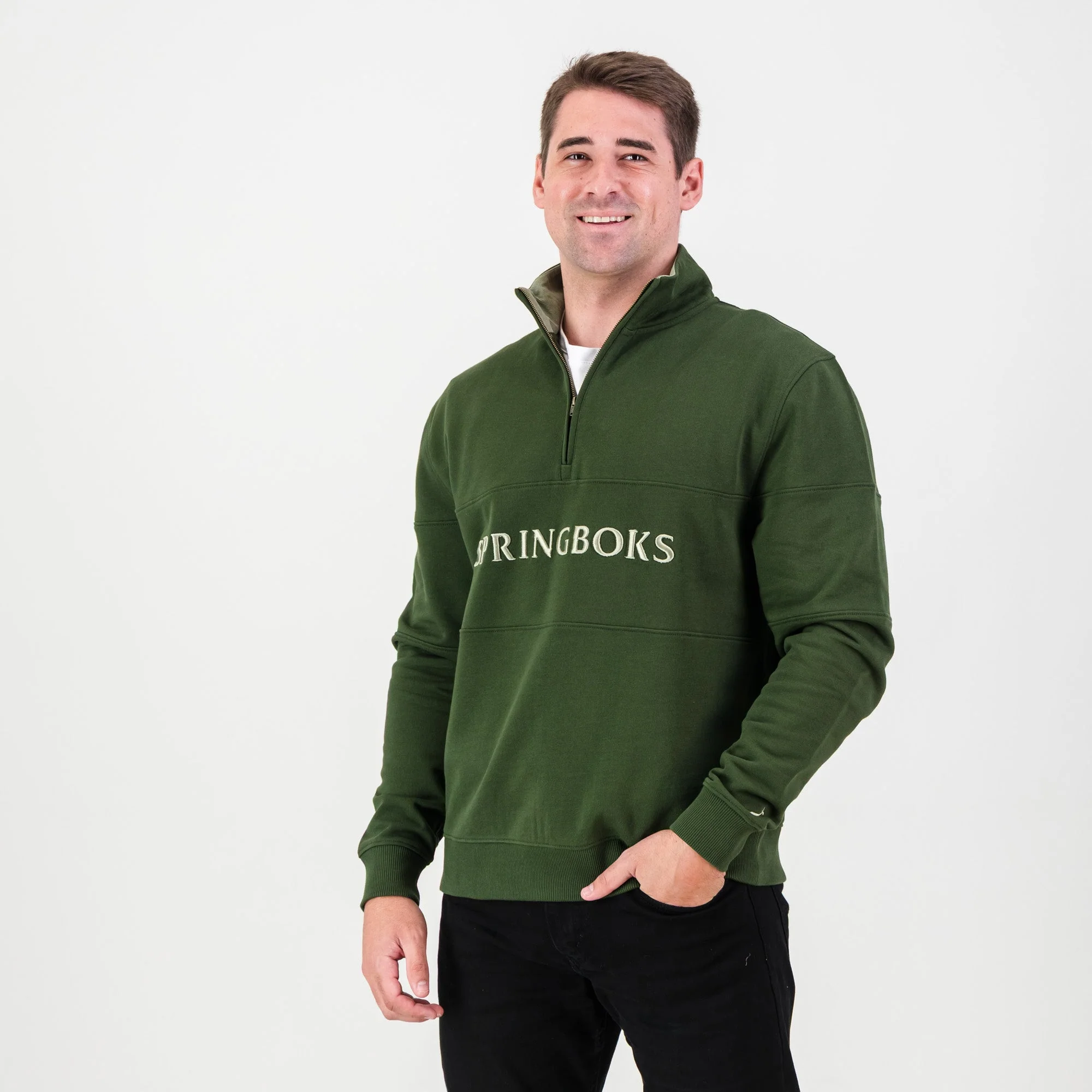 Springboks Word Quarter Zip Sweat-Military Olive - Image 4